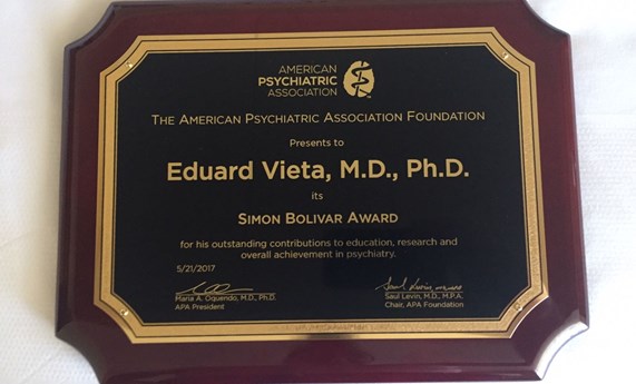 Eduard Vieta, premio Simón Bolívar por la Asociación Americana de Psiquiatría Eduard Vieta, premio Simón Bolívar por la Asociación Americana de Psiquiatría
